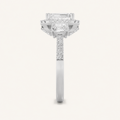 3CT Emerald Cut Lab Grown Diamond Three Stone Accented Engagement Ring