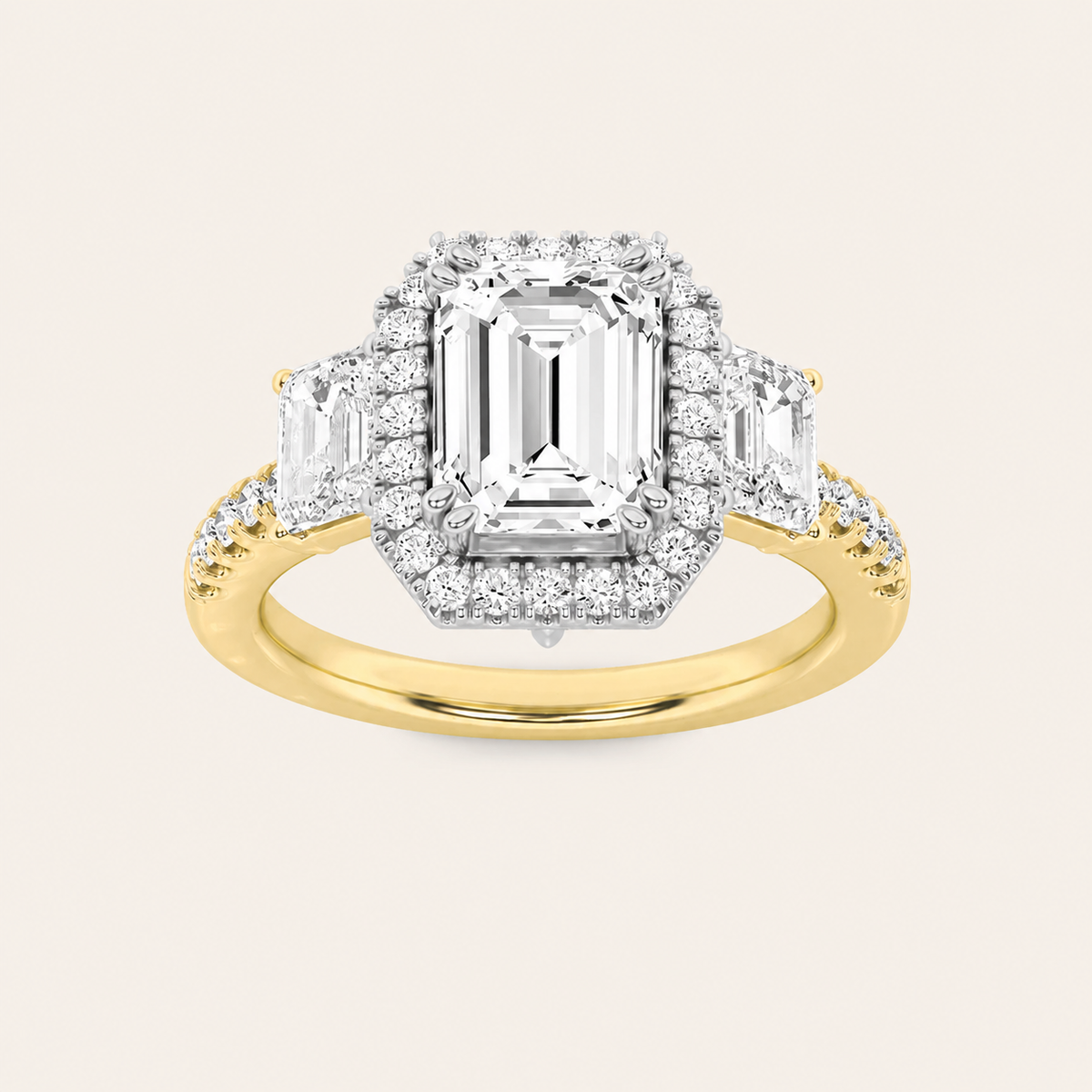 3CT Emerald Cut Lab Grown Diamond Three Stone Accented Engagement Ring