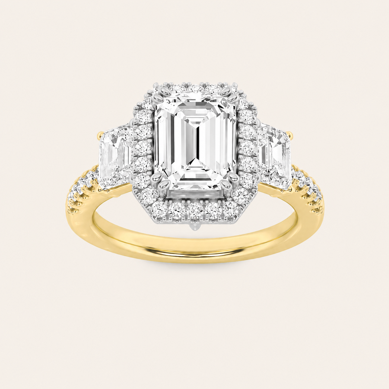 3CT Emerald Cut Lab Grown Diamond Three Stone Accented Engagement Ring