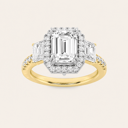 3CT Emerald Cut Lab Grown Diamond Three Stone Accented Engagement Ring