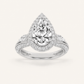 3CT Pear Cut Lab Grown Diamond Three Stone Halo Engagement Ring