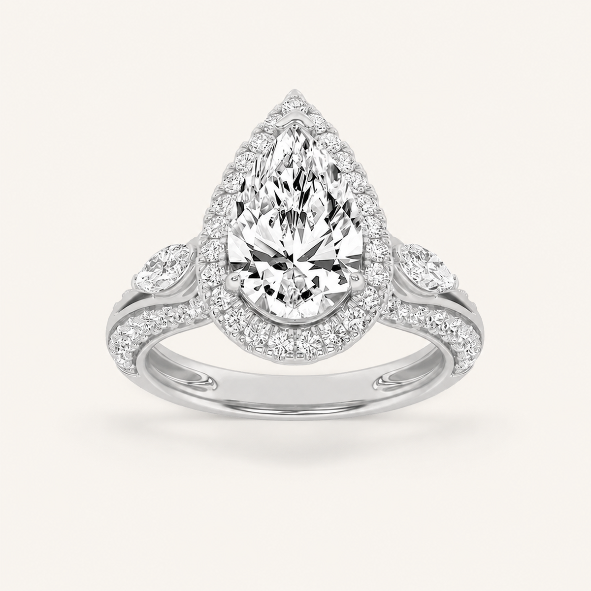 3CT Pear Cut Lab Grown Diamond Three Stone Halo Engagement Ring