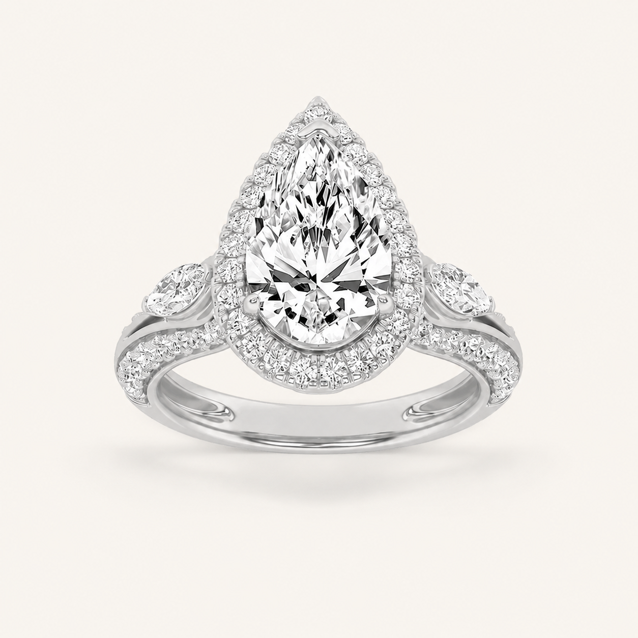 3CT Pear Cut Lab Grown Diamond Three Stone Halo Engagement Ring