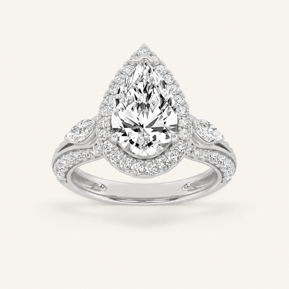3CT Pear Cut Lab Grown Diamond Three Stone Halo Engagement Ring