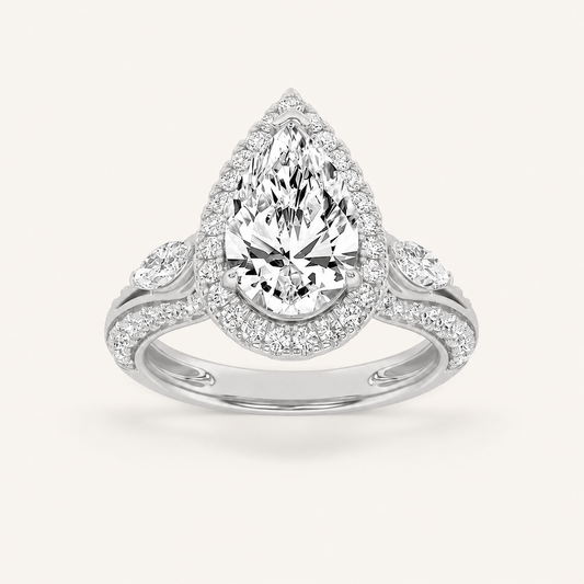 3CT Pear Cut Lab Grown Diamond Three Stone Halo Engagement Ring