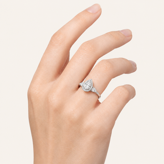 3CT Pear Cut Lab Grown Diamond Three Stone Halo Engagement Ring