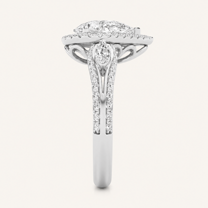 3CT Pear Cut Lab Grown Diamond Three Stone Halo Engagement Ring
