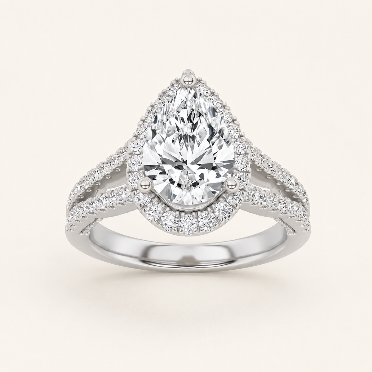 2 CT Pear Cut Lab Grown Diamond Split Shank Halo Ring