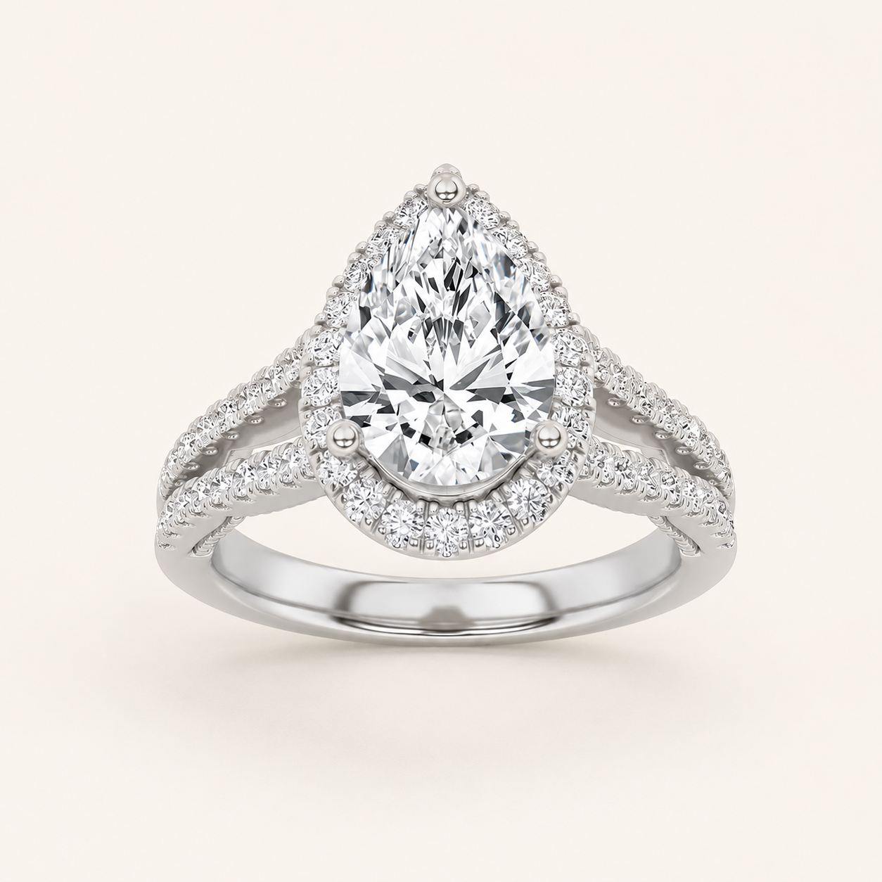 2 CT Pear Cut Lab Grown Diamond Split Shank Halo Ring
