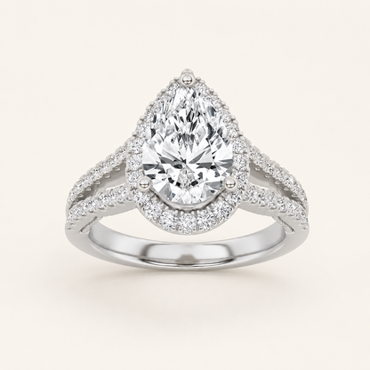 2 CT Pear Cut Lab Grown Diamond Split Shank Halo Ring