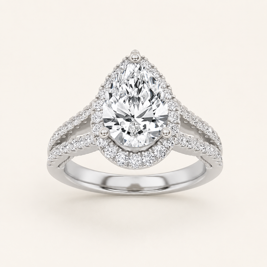 2 CT Pear Cut Lab Grown Diamond Split Shank Halo Ring