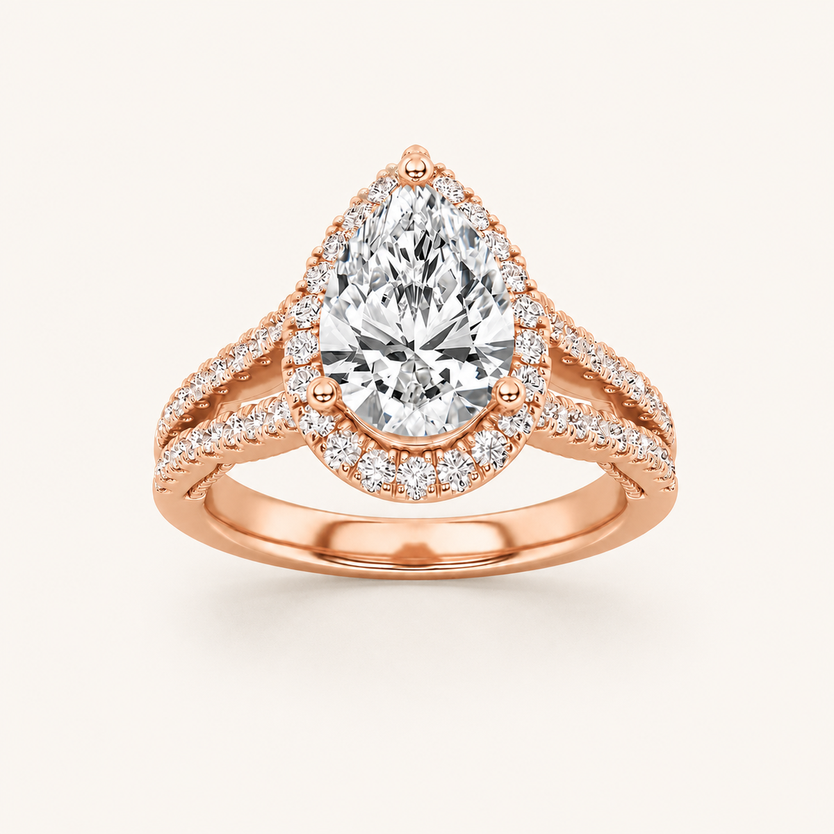 2 CT Pear Cut Lab Grown Diamond Split Shank Halo Ring
