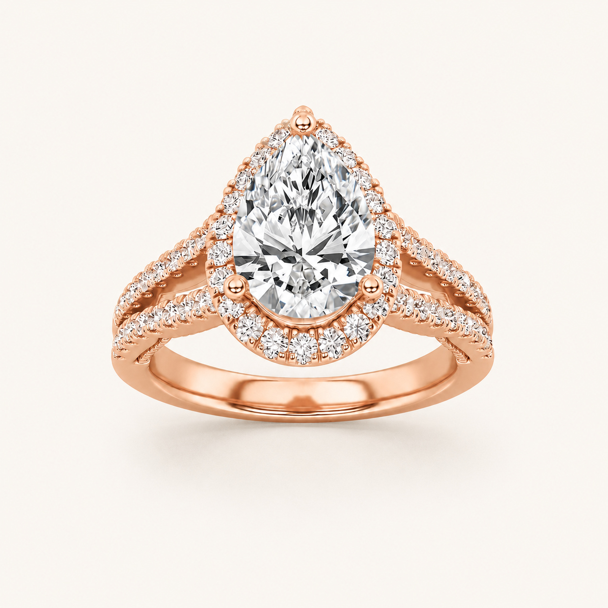 2 CT Pear Cut Lab Grown Diamond Split Shank Halo Ring