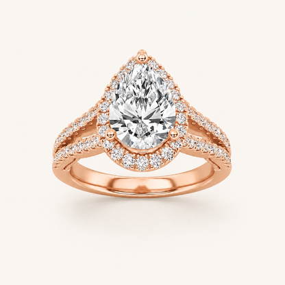 2 CT Pear Cut Lab Grown Diamond Split Shank Halo Ring