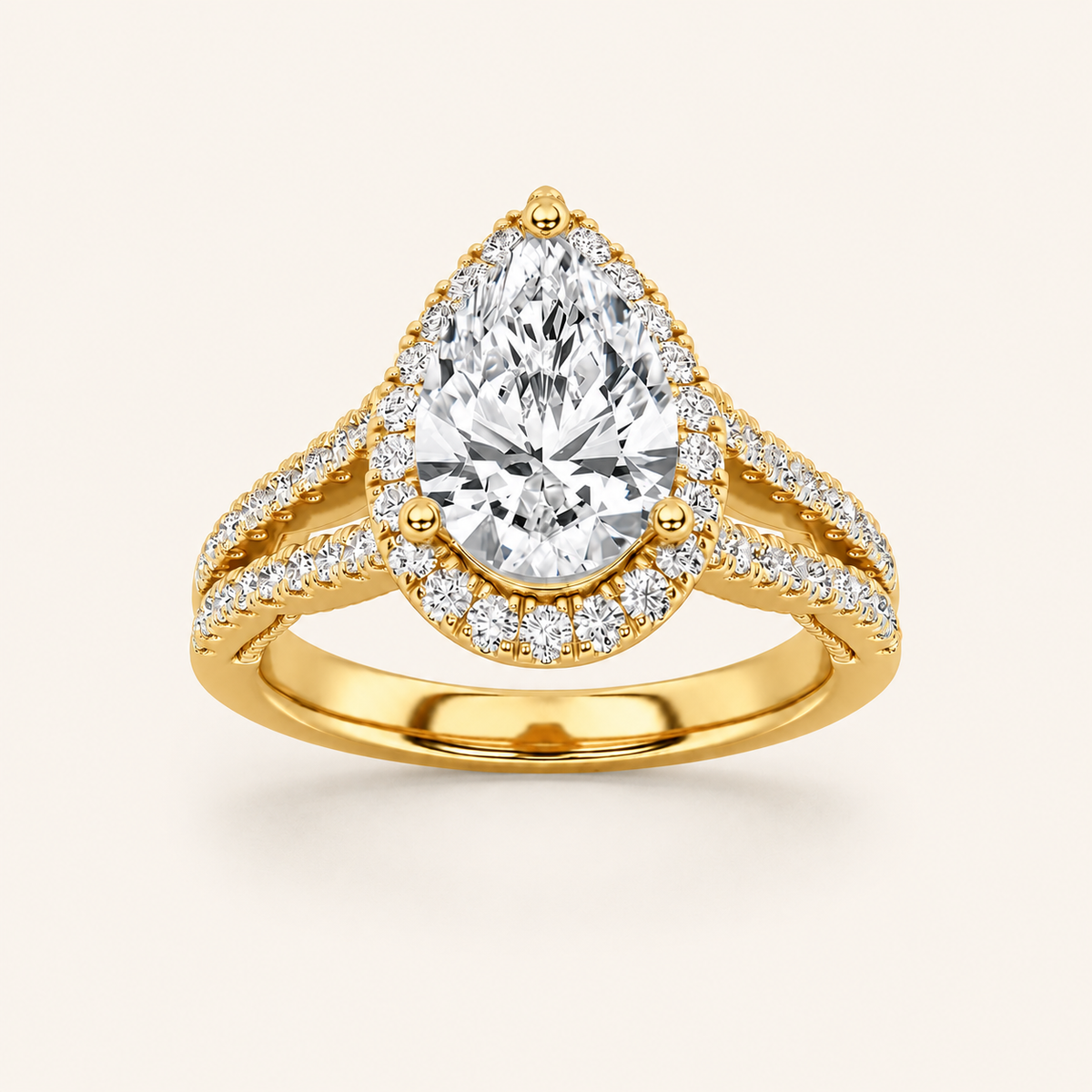 2 CT Pear Cut Lab Grown Diamond Split Shank Halo Ring