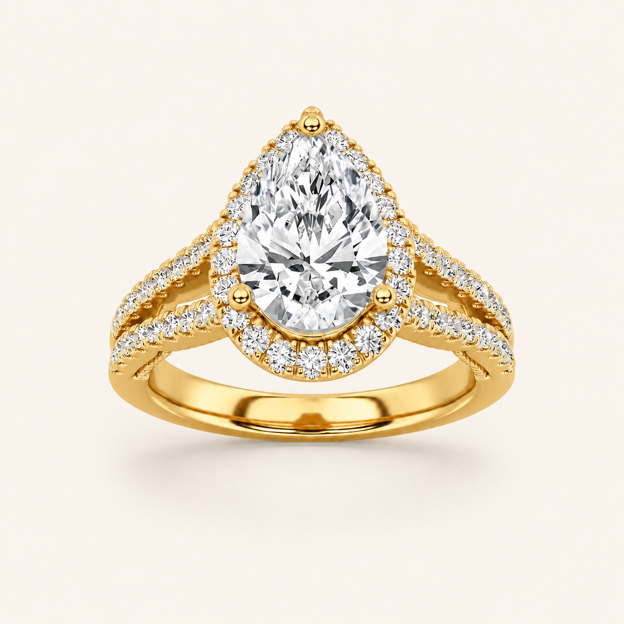 2 CT Pear Cut Lab Grown Diamond Split Shank Halo Ring