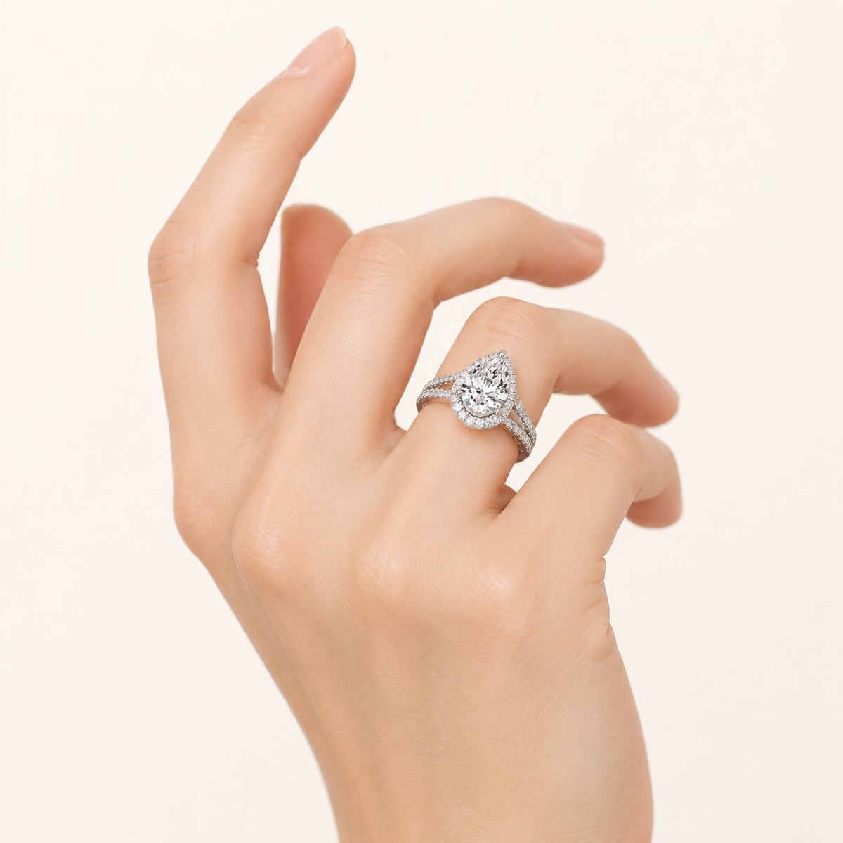 2 CT Pear Cut Lab Grown Diamond Split Shank Halo Ring