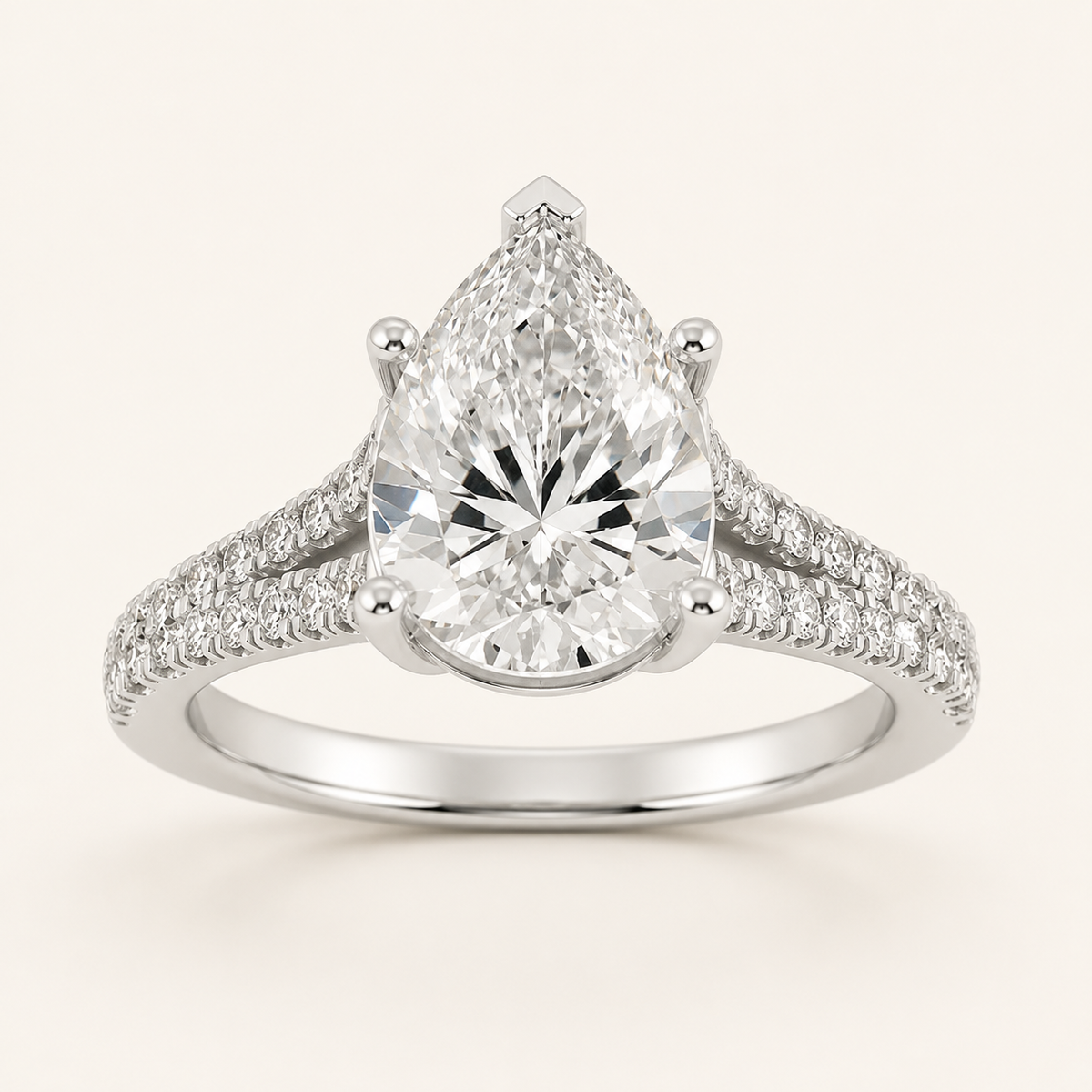 2CT Pear Cut Lab Grown Diamond Split Shank Trellis Engagement Ring