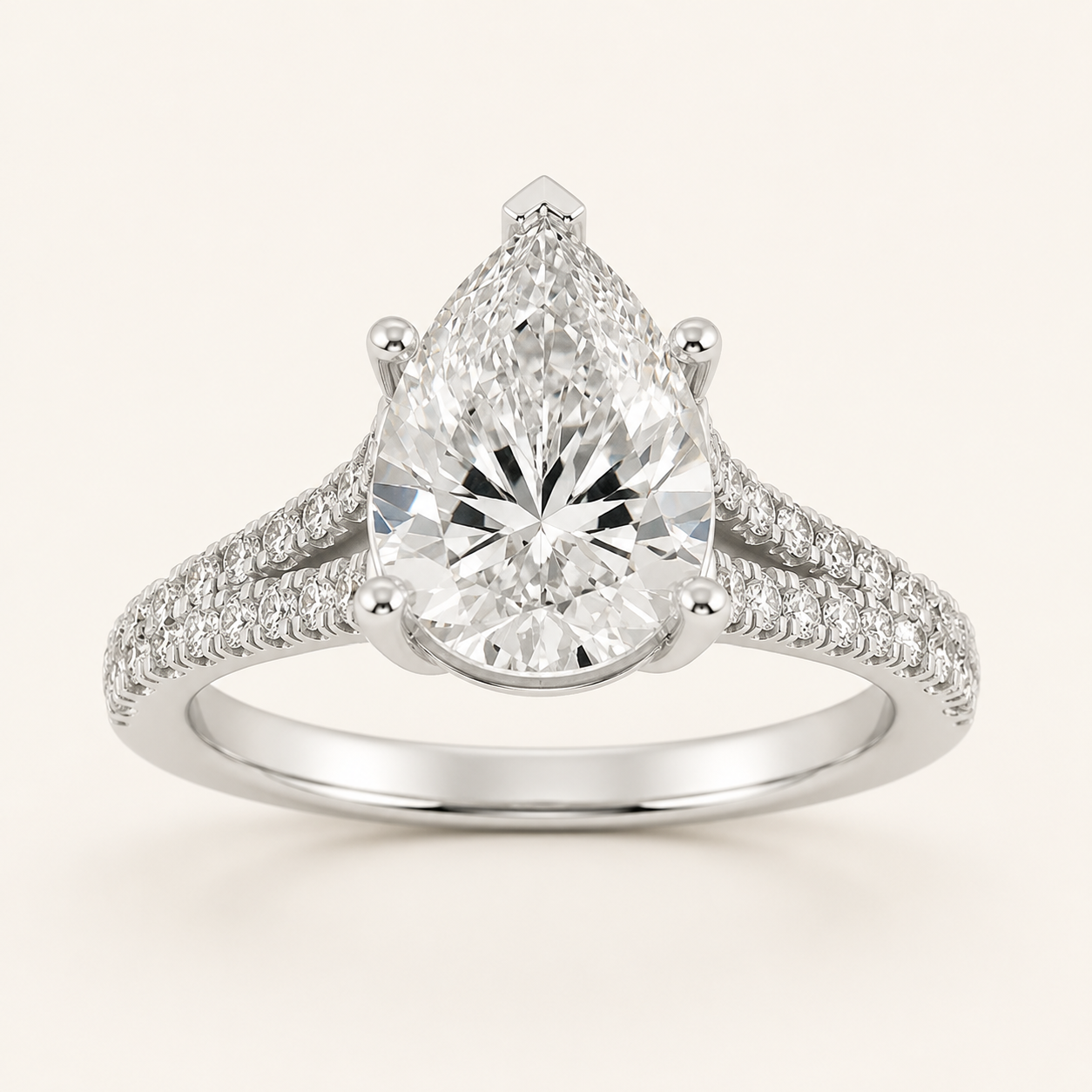 2CT Pear Cut Lab Grown Diamond Split Shank Trellis Engagement Ring