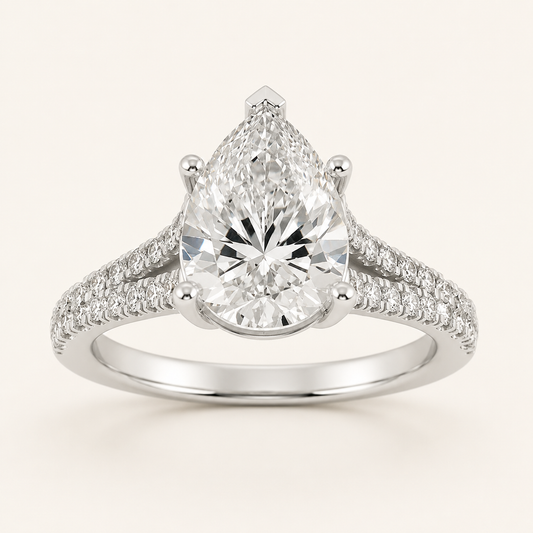 2CT Pear Cut Lab Grown Diamond Split Shank Trellis Engagement Ring