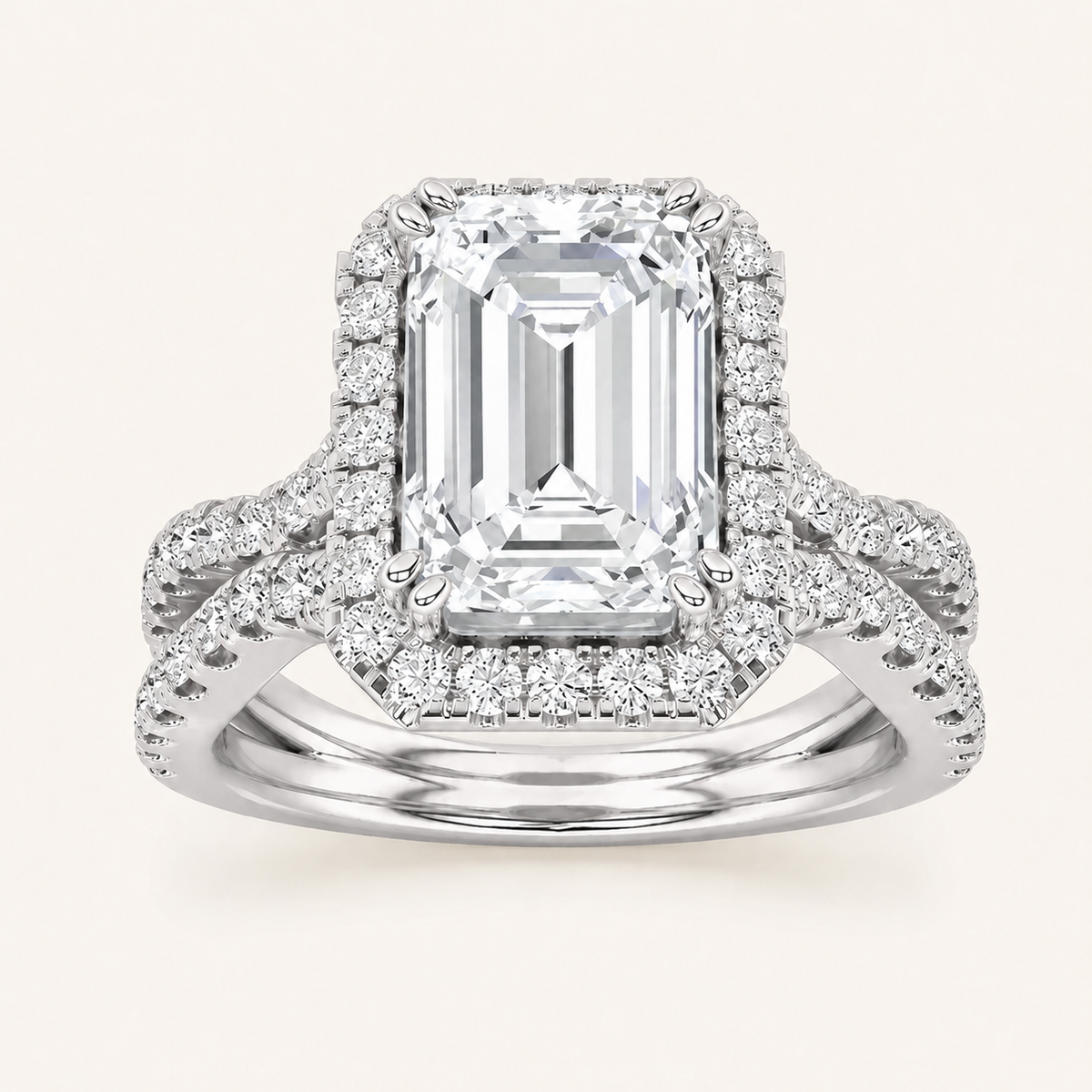 3 CT Emerald Cut Lab Grown Diamond Split shank Halo Ring