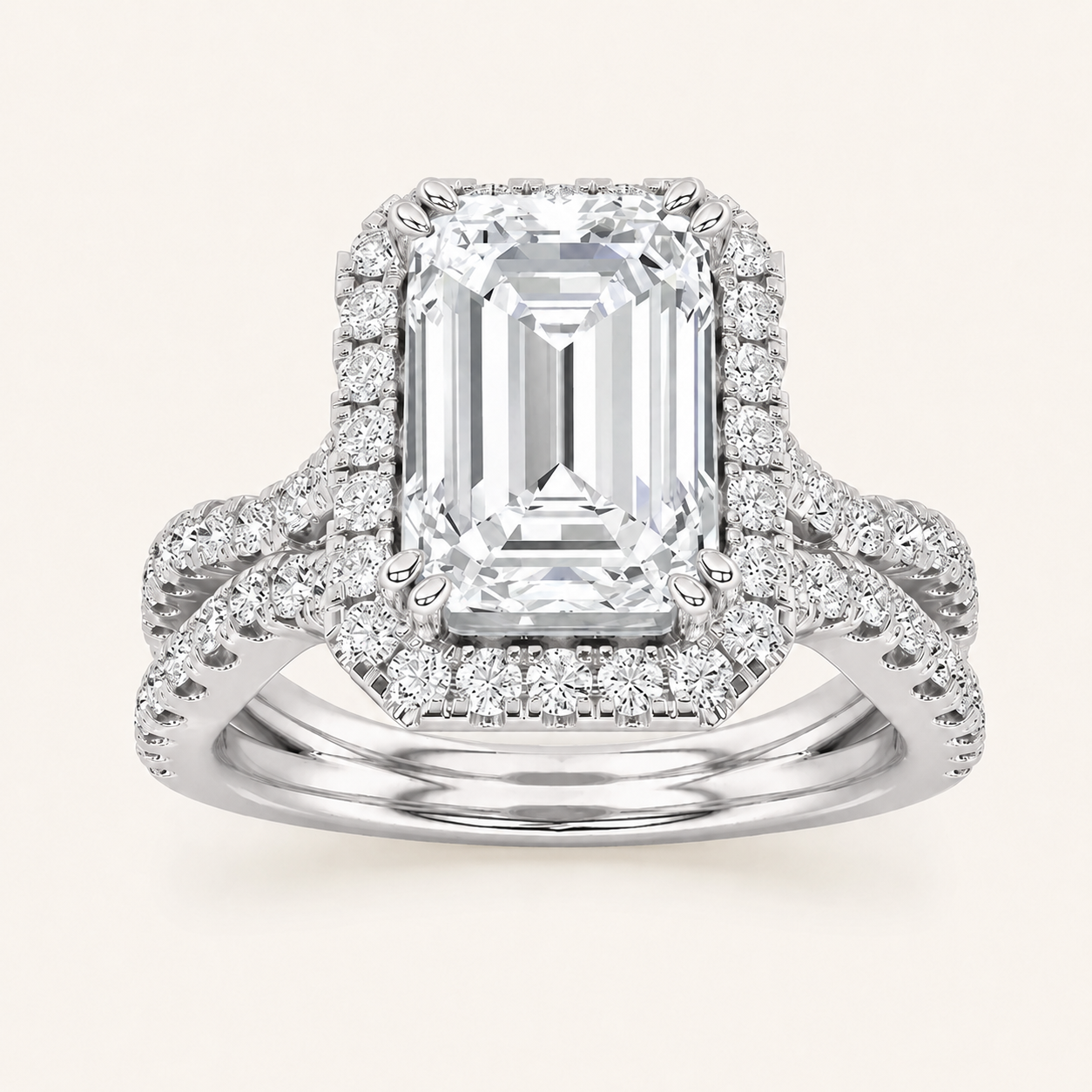 3 CT Emerald Cut Lab Grown Diamond Split shank Halo Ring