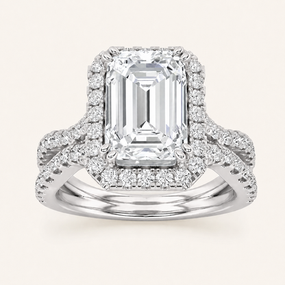 3 CT Emerald Cut Lab Grown Diamond Split shank Halo Ring