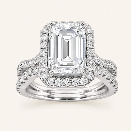 3 CT Emerald Cut Lab Grown Diamond Split shank Halo Ring