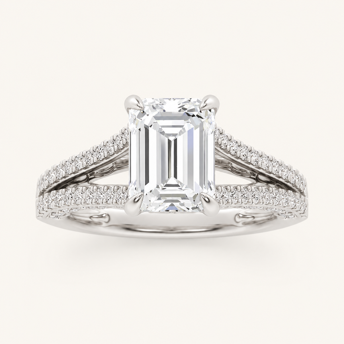 2CT Emerald Cut Lab Grown Diamond Split Shank Accented Engagement Ring