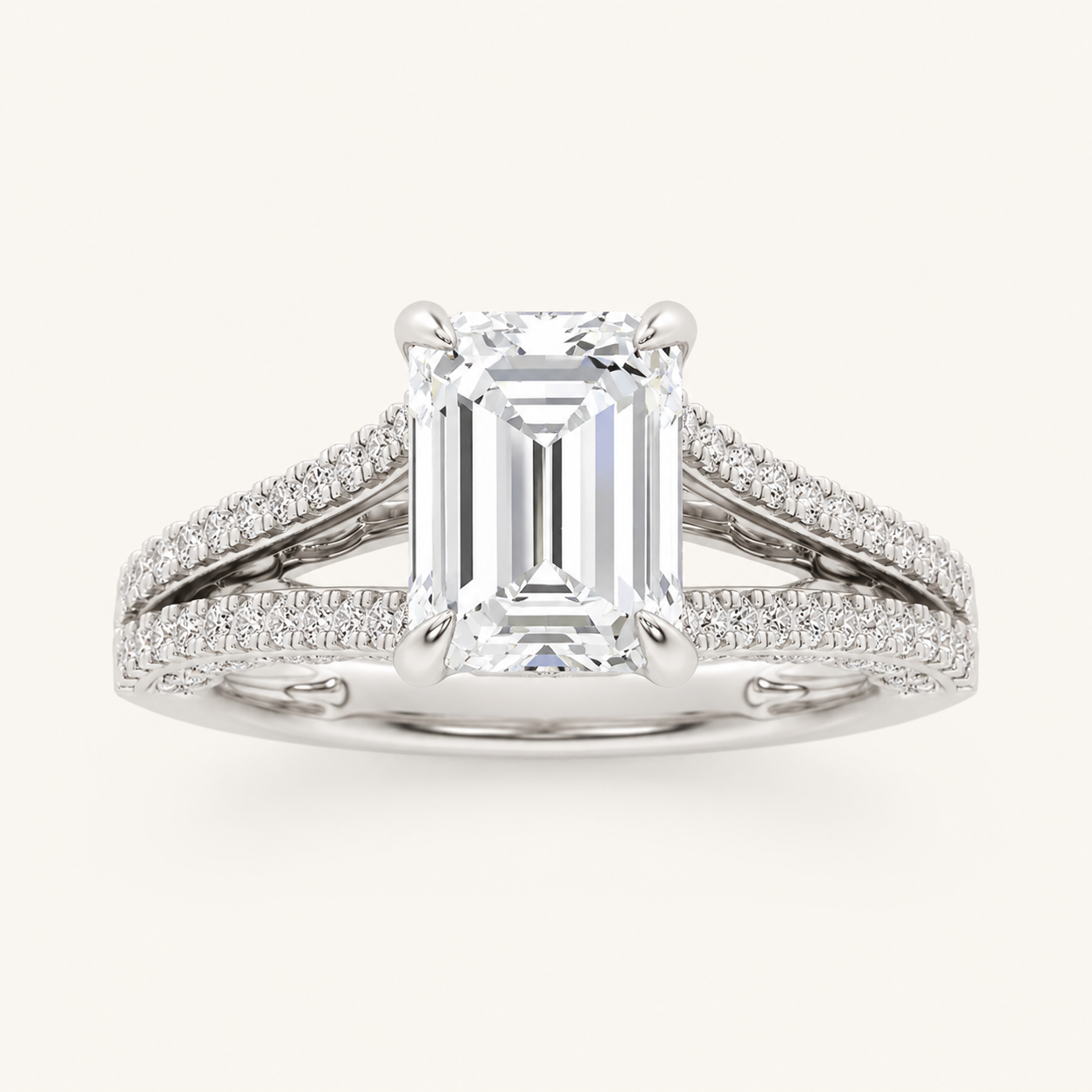 2CT Emerald Cut Lab Grown Diamond Split Shank Accented Engagement Ring