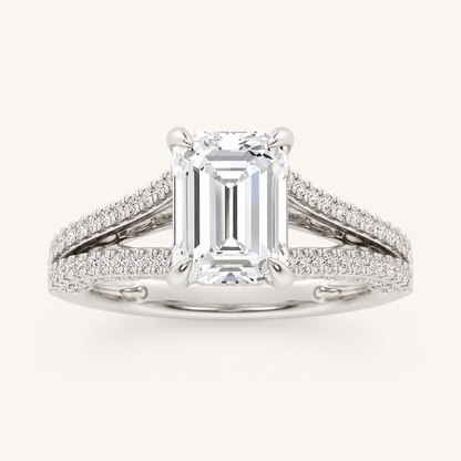 2CT Emerald Cut Lab Grown Diamond Split Shank Accented Engagement Ring