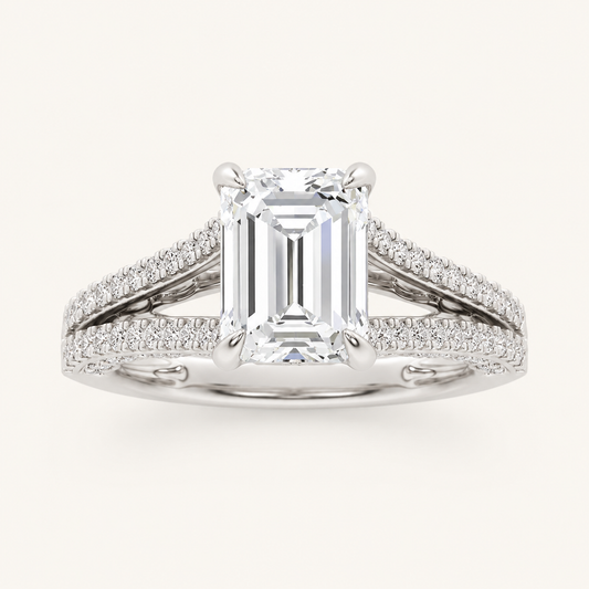 2CT Emerald Cut Lab Grown Diamond Split Shank Accented Engagement Ring