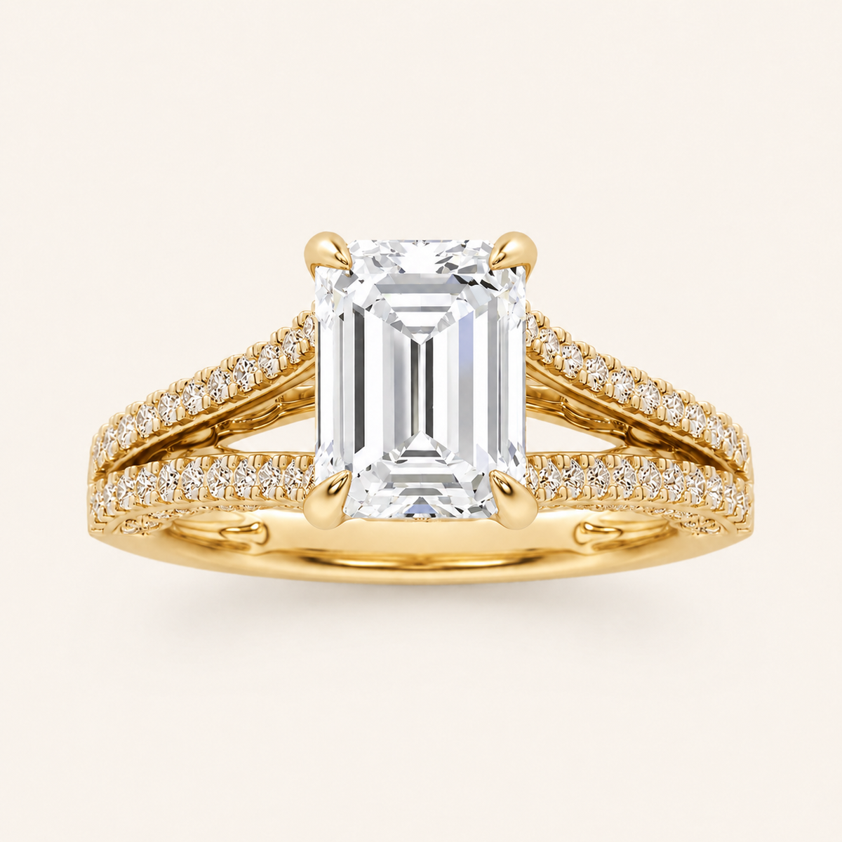 2CT Emerald Cut Lab Grown Diamond Split Shank Accented Engagement Ring