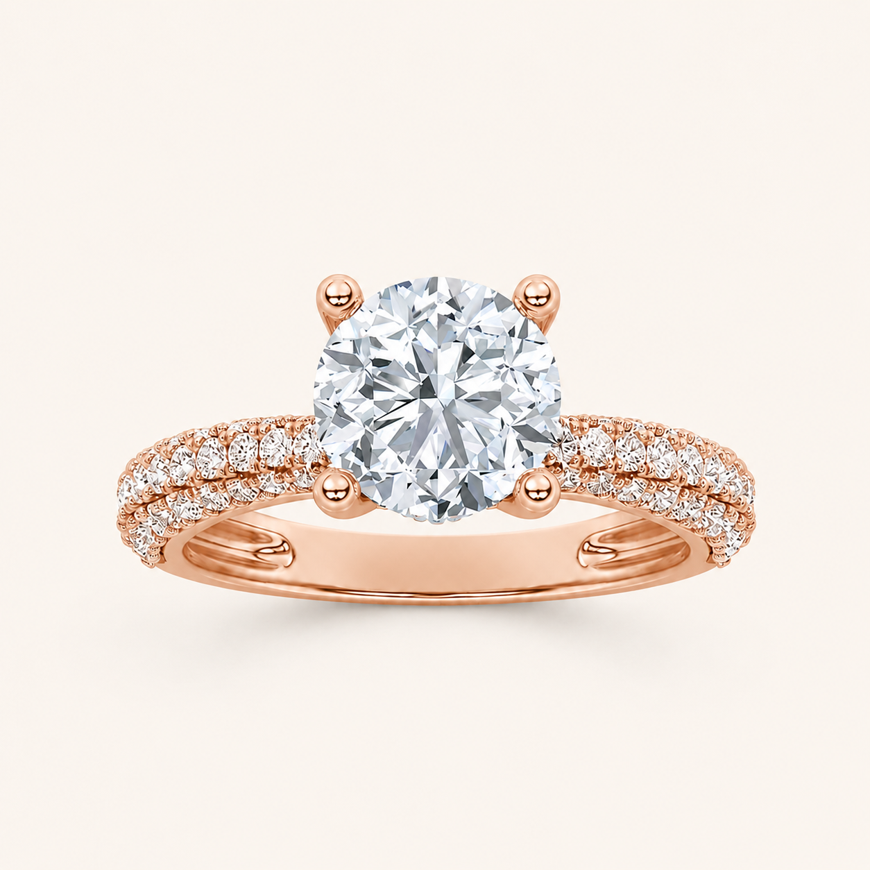 2.00 CT Round Cut Lab Grown Diamond Three Row Micro Pave Side stone Ring