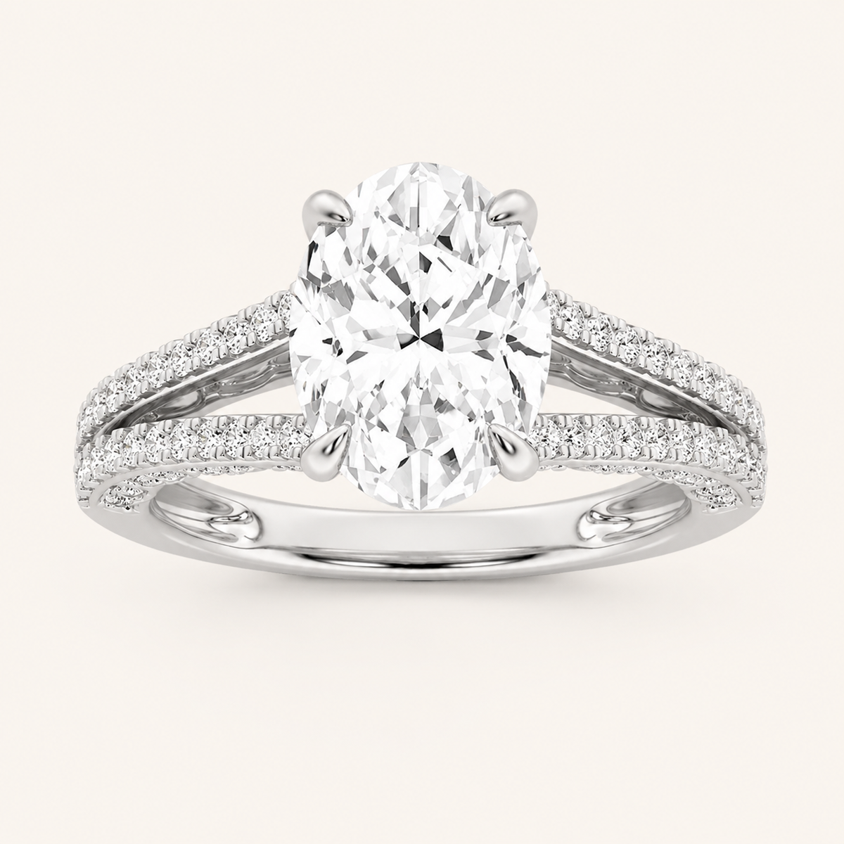 2CT Oval Cut Lab Grown Diamond Split Shank Accented Engagement Ring