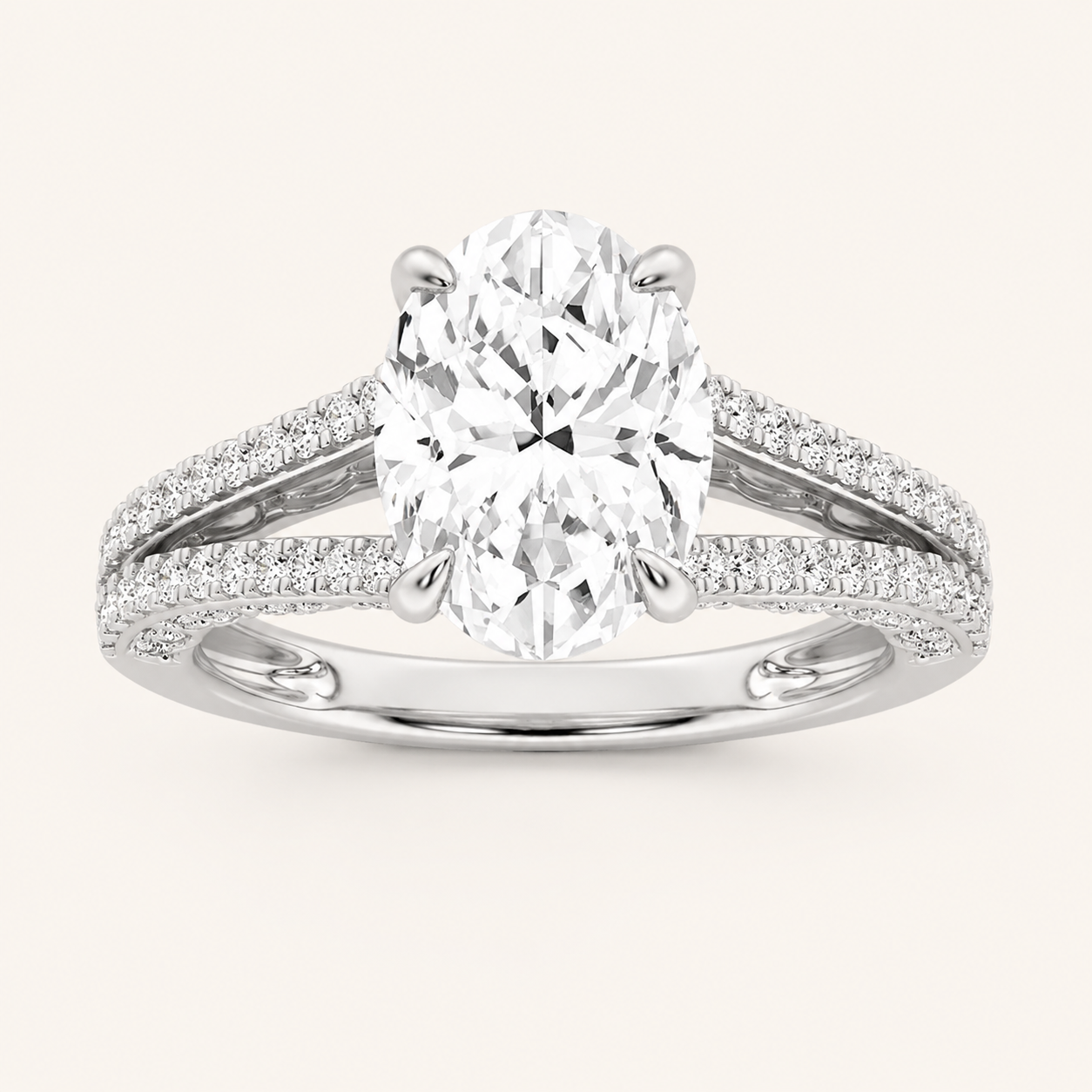 2CT Oval Cut Lab Grown Diamond Split Shank Accented Engagement Ring