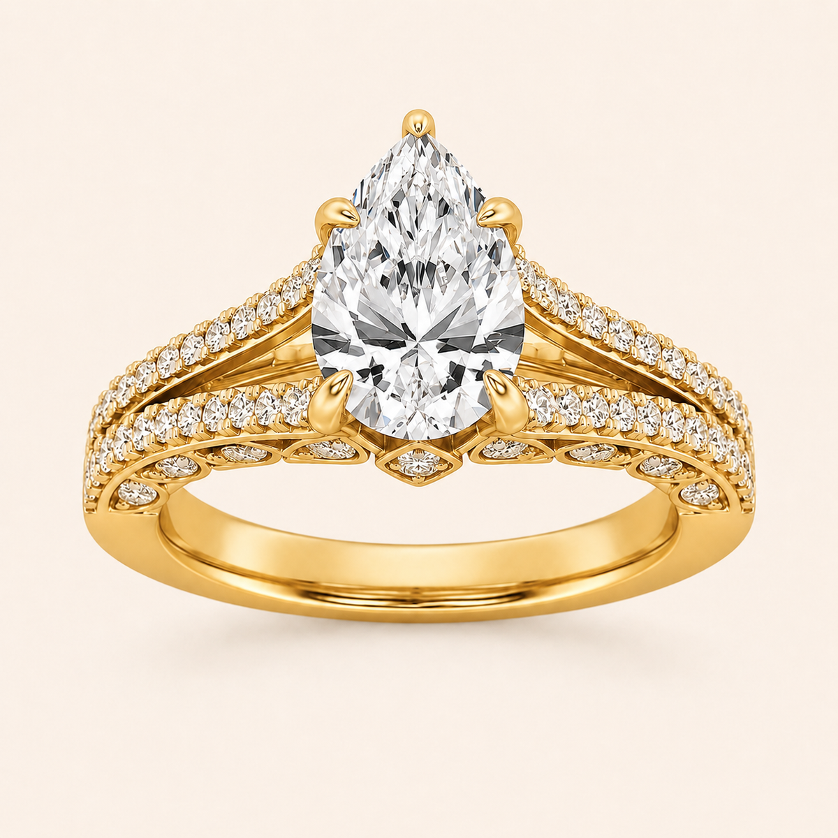 2CT Pear Cut Lab Grown Diamond Split Shank Accented Engagement Ring