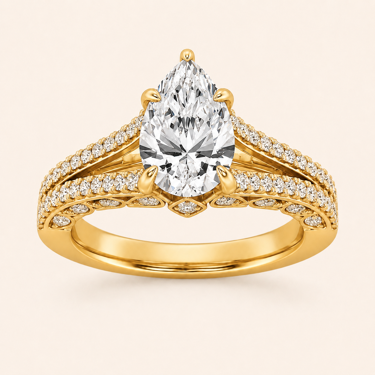 2CT Pear Cut Lab Grown Diamond Split Shank Accented Engagement Ring
