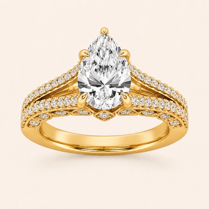 2CT Pear Cut Lab Grown Diamond Split Shank Accented Engagement Ring