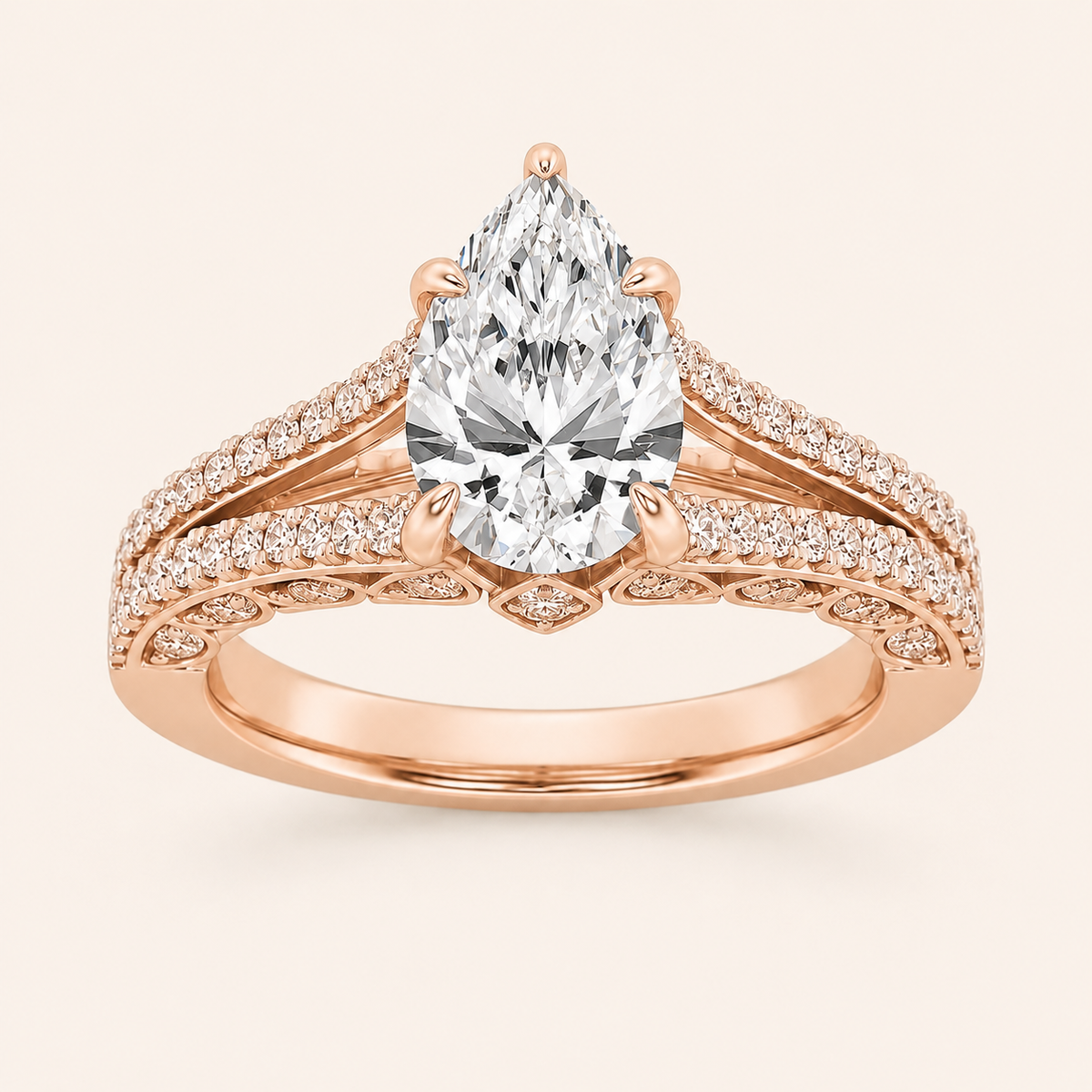 2CT Pear Cut Lab Grown Diamond Split Shank Accented Engagement Ring