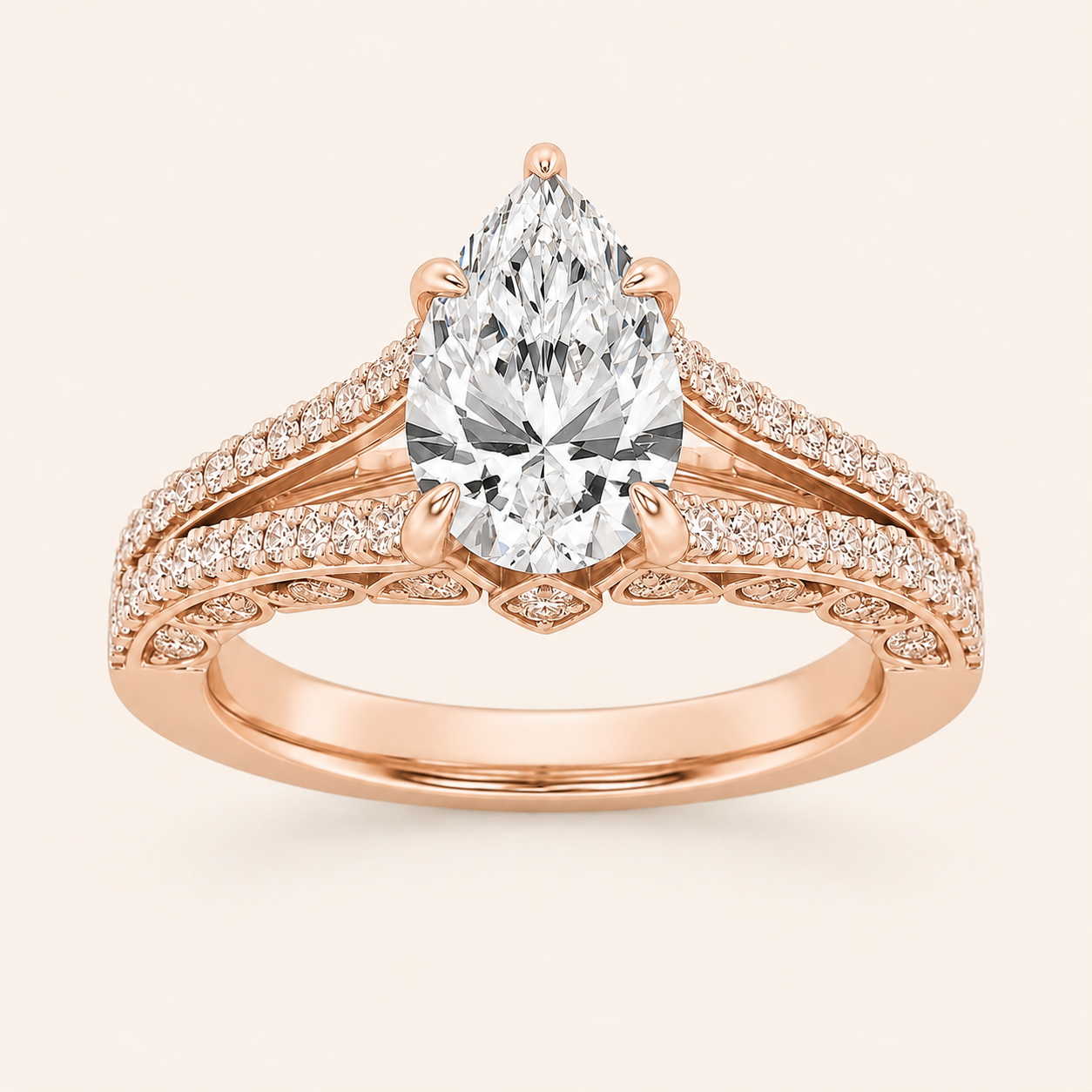 2CT Pear Cut Lab Grown Diamond Split Shank Accented Engagement Ring
