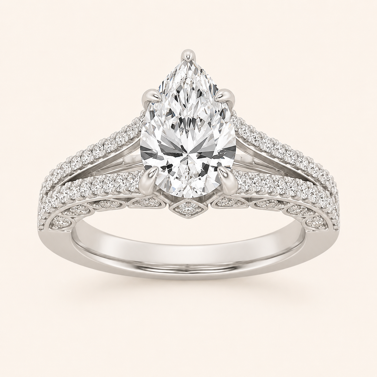 2CT Pear Cut Lab Grown Diamond Split Shank Accented Engagement Ring