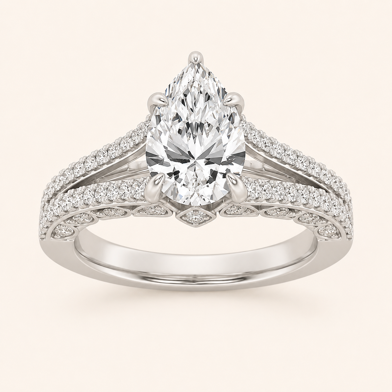 2CT Pear Cut Lab Grown Diamond Split Shank Accented Engagement Ring