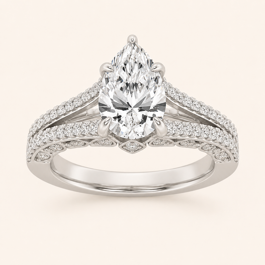 2CT Pear Cut Lab Grown Diamond Split Shank Accented Engagement Ring