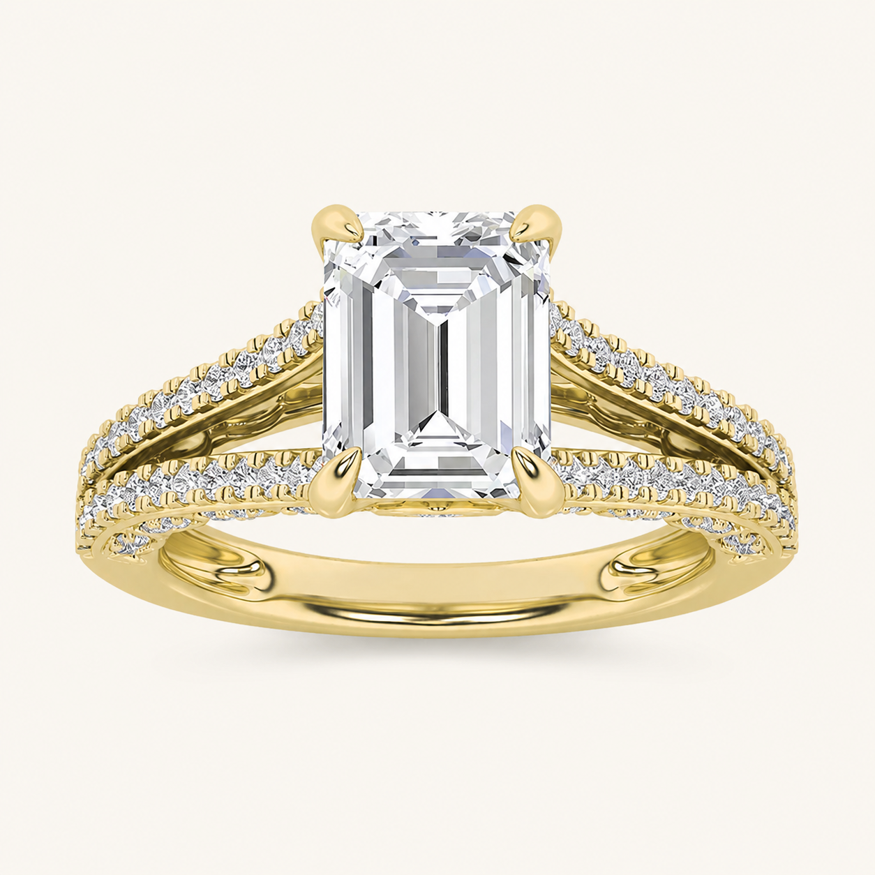 2CT Emerald Cut Lab Grown Diamond Split Shank Accented Engagement Ring