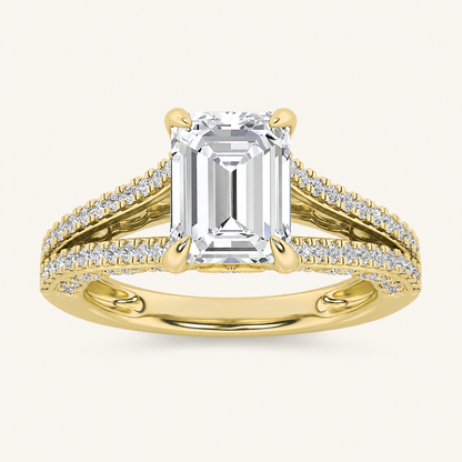 2CT Emerald Cut Lab Grown Diamond Split Shank Accented Engagement Ring
