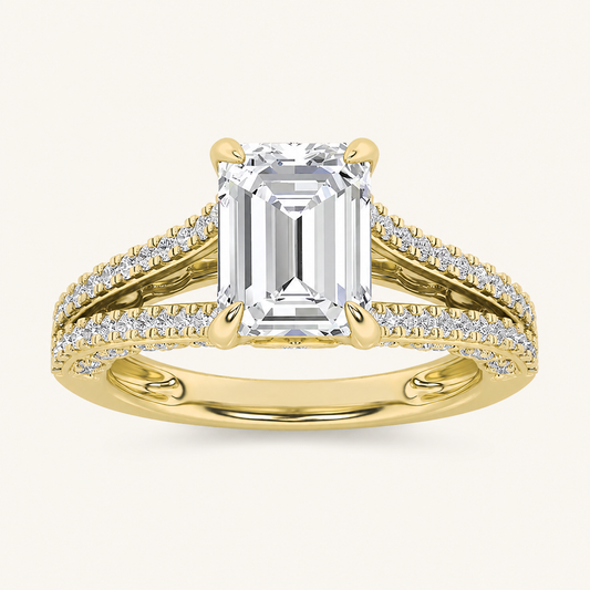 2CT Emerald Cut Lab Grown Diamond Split Shank Accented Engagement Ring
