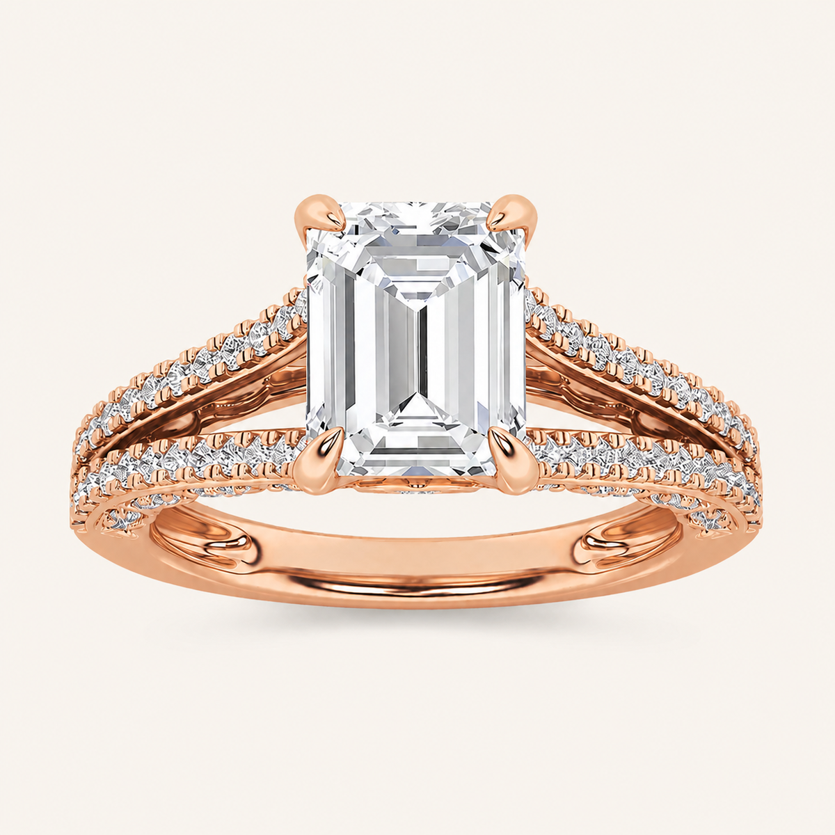 2CT Emerald Cut Lab Grown Diamond Split Shank Accented Engagement Ring