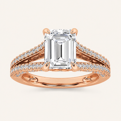 2CT Emerald Cut Lab Grown Diamond Split Shank Accented Engagement Ring