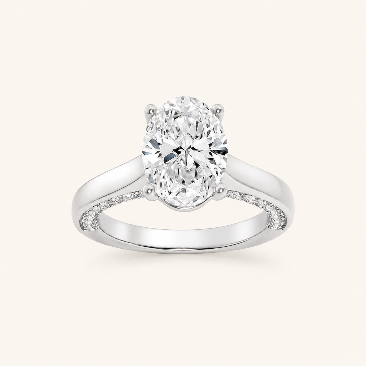 1.33 CT Oval Cut Lab Grown Diamond Accented Bridge Shank Solitaire Ring